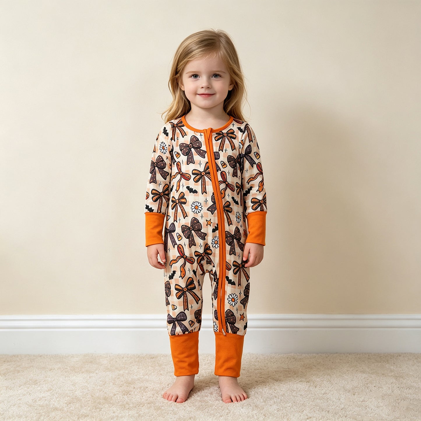 RTS NO MOQ milk silk LR3161 Baby Girls Halloween Bow Floral Print Two Way Zip Front Convertible Romper