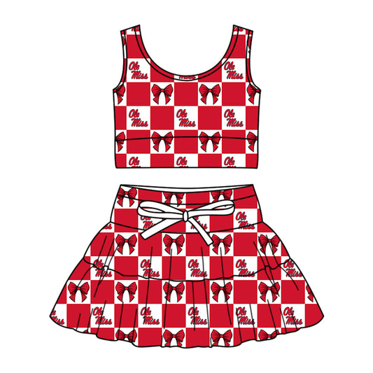 CUSTOM MOQ 5 Kids Clothing for Girls Baby Girls Red Bow Plaid Top Skirts Yoga Active Team Clothes Sets