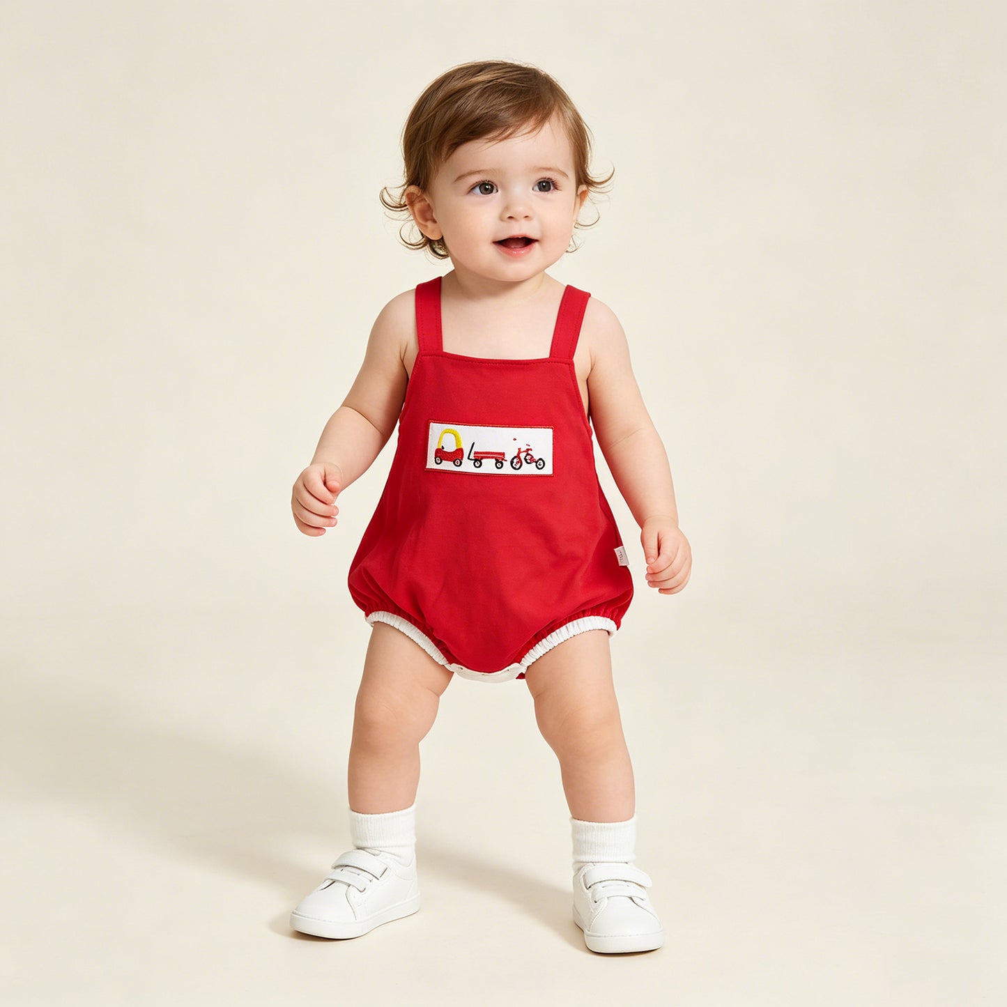 SR2849 RTS NO MOQ （In stock）Embroidery Cars Bicycle Baby Boys Strap Rompers