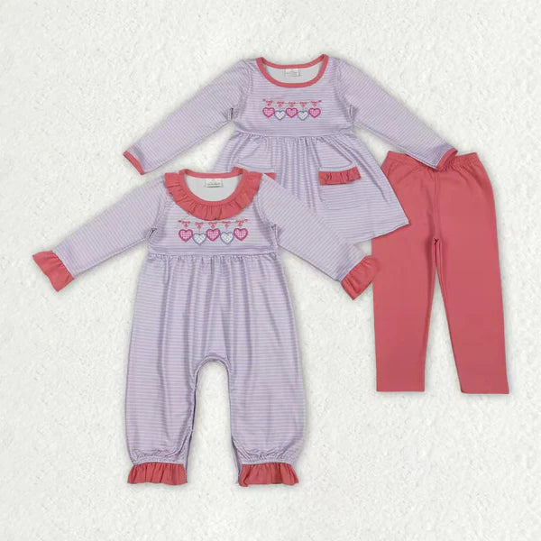 11.14 RTS Sibling Baby Girls Embroidery Bows Hearts Stripe Leggings Valentines Clothes Sets Rompers