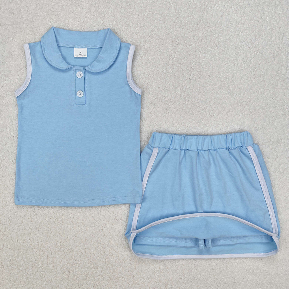 GSD1974Kids Girls Light Blue Cotton Sleeveless Polo Shirt Skirt Set - Breathable Comfortable Children's Clothing Outfit