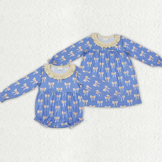 12.15 RTS Sibling Baby Girls Blue Bows Rompers Dresses