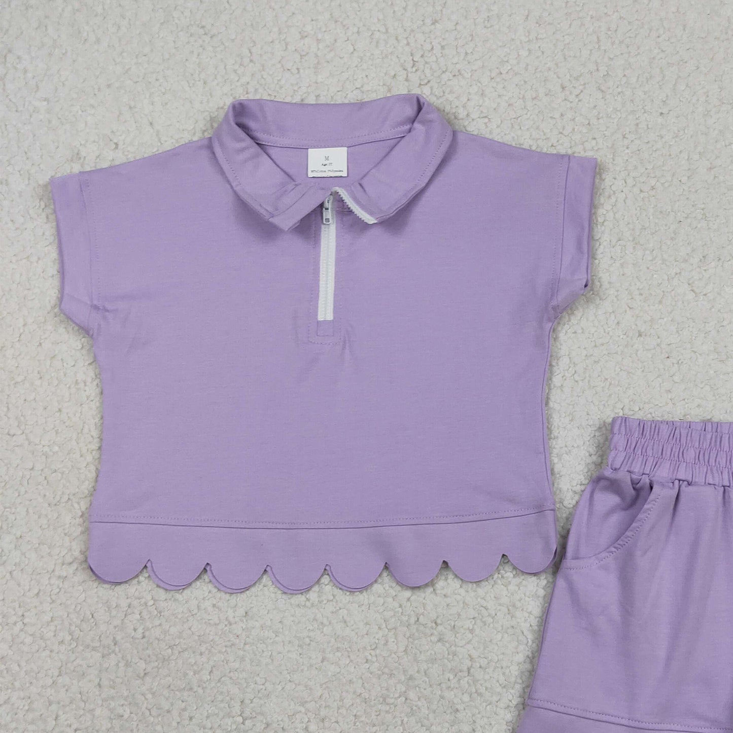GSSO3377 RTS NO MOQ （In stock）Baby Girls Summer Fashion Short Sleeve Lavender Zipper Scallop Pullover Top Pockets Short Checked Set