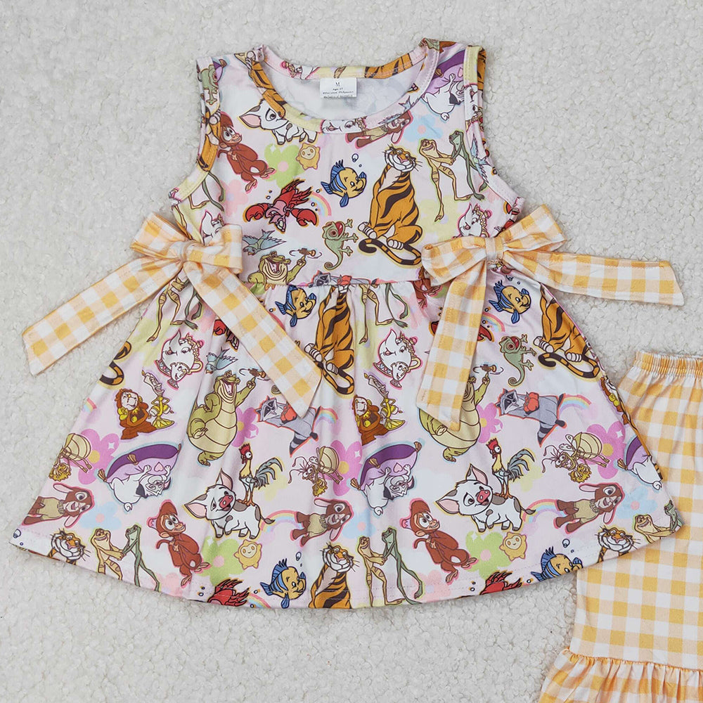 4.25 GSSO2197  RTS NO MOQ Sleeveless fish tiger tunic yellow plaid shorts girls clothing