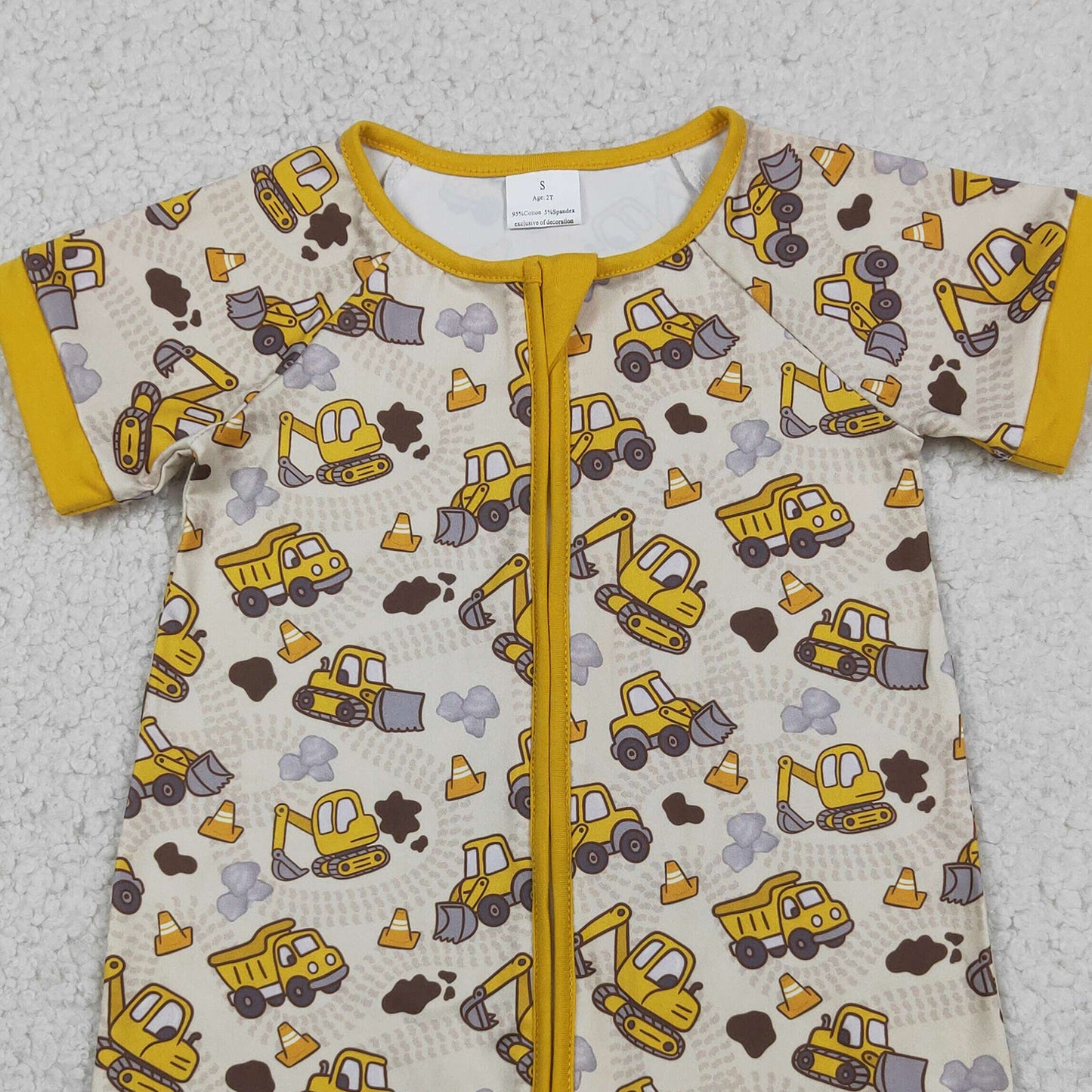 SR4183 RTS NO MOQ （In stock）Baby Boys Short Sleeve Excavators Tractors Zipper Short Romper