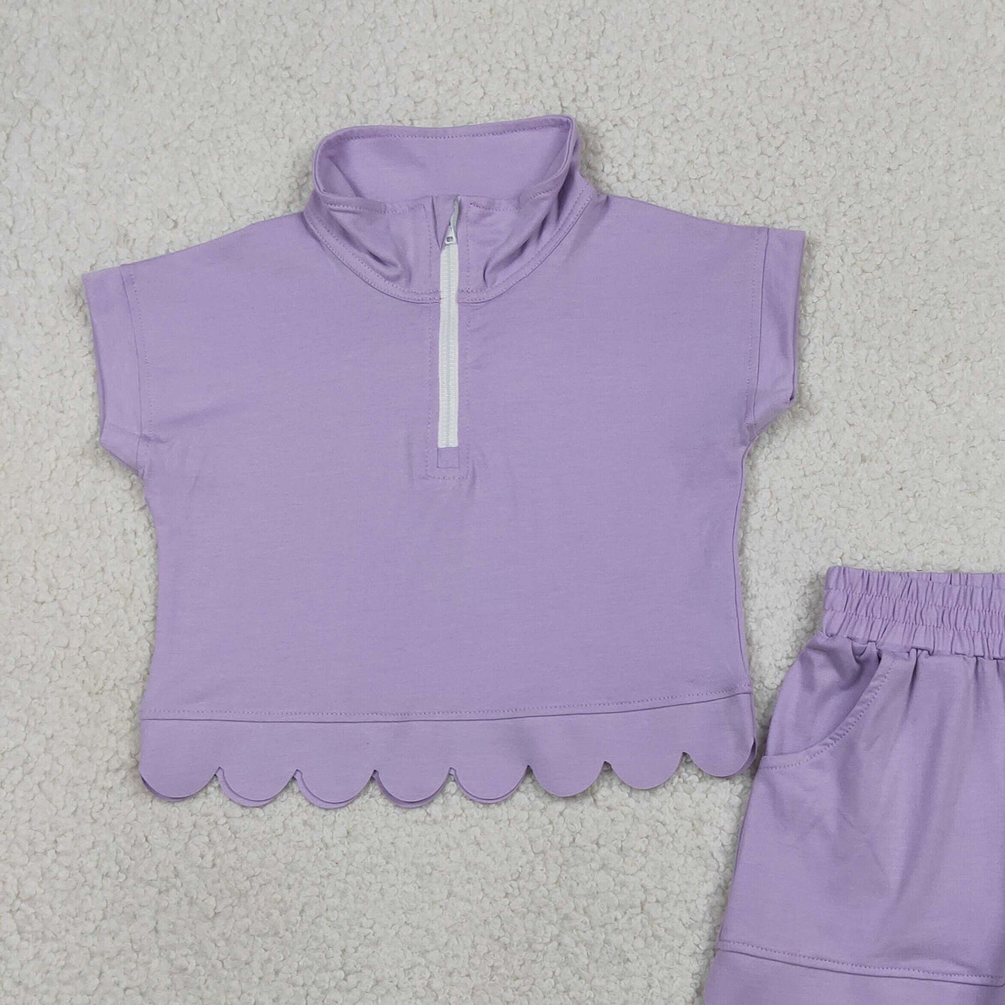 GSSO3377 RTS NO MOQ （In stock）Baby Girls Summer Fashion Short Sleeve Lavender Zipper Scallop Pullover Top Pockets Short Checked Set