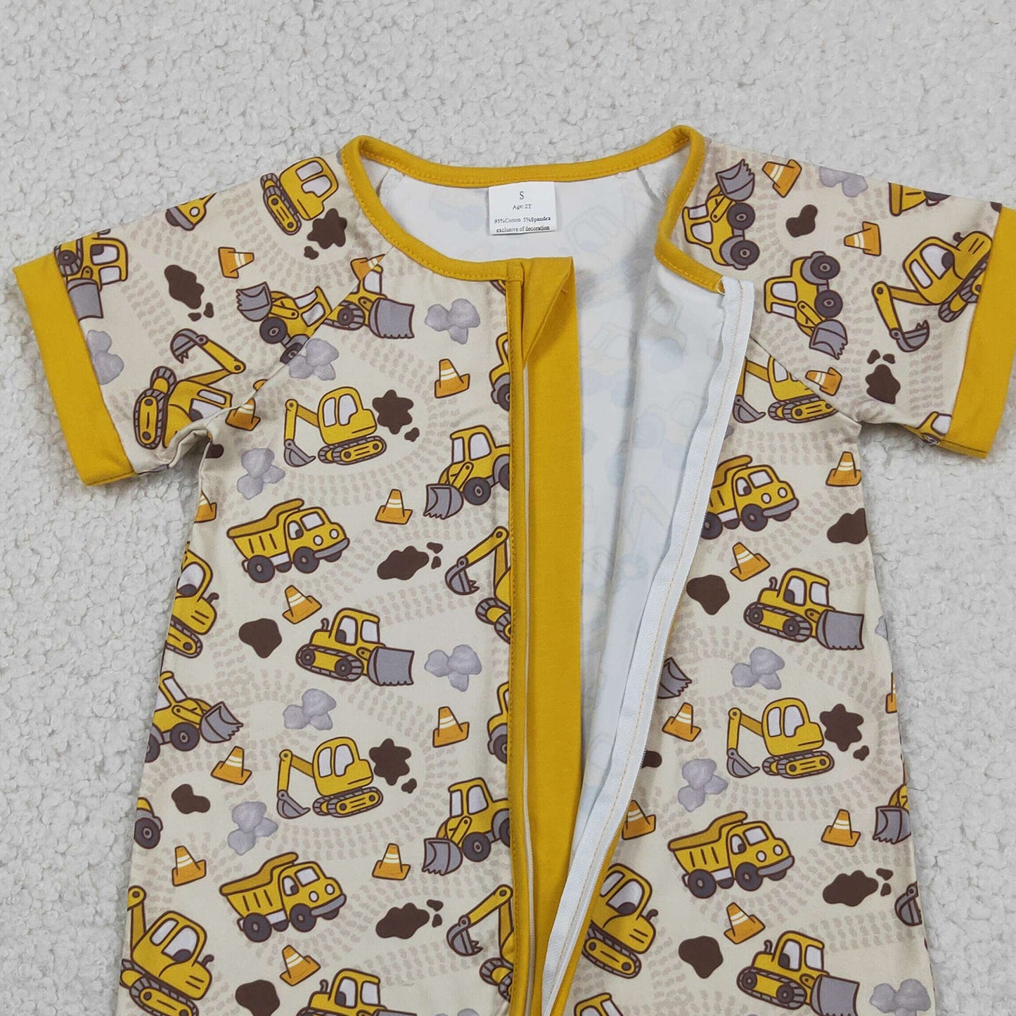 SR4183 RTS NO MOQ （In stock）Baby Boys Short Sleeve Excavators Tractors Zipper Short Romper