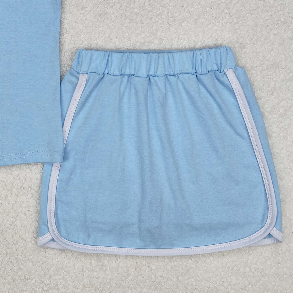 GSD1974Kids Girls Light Blue Cotton Sleeveless Polo Shirt Skirt Set - Breathable Comfortable Children's Clothing Outfit