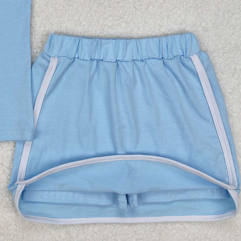 GSD1974Kids Girls Light Blue Cotton Sleeveless Polo Shirt Skirt Set - Breathable Comfortable Children's Clothing Outfit