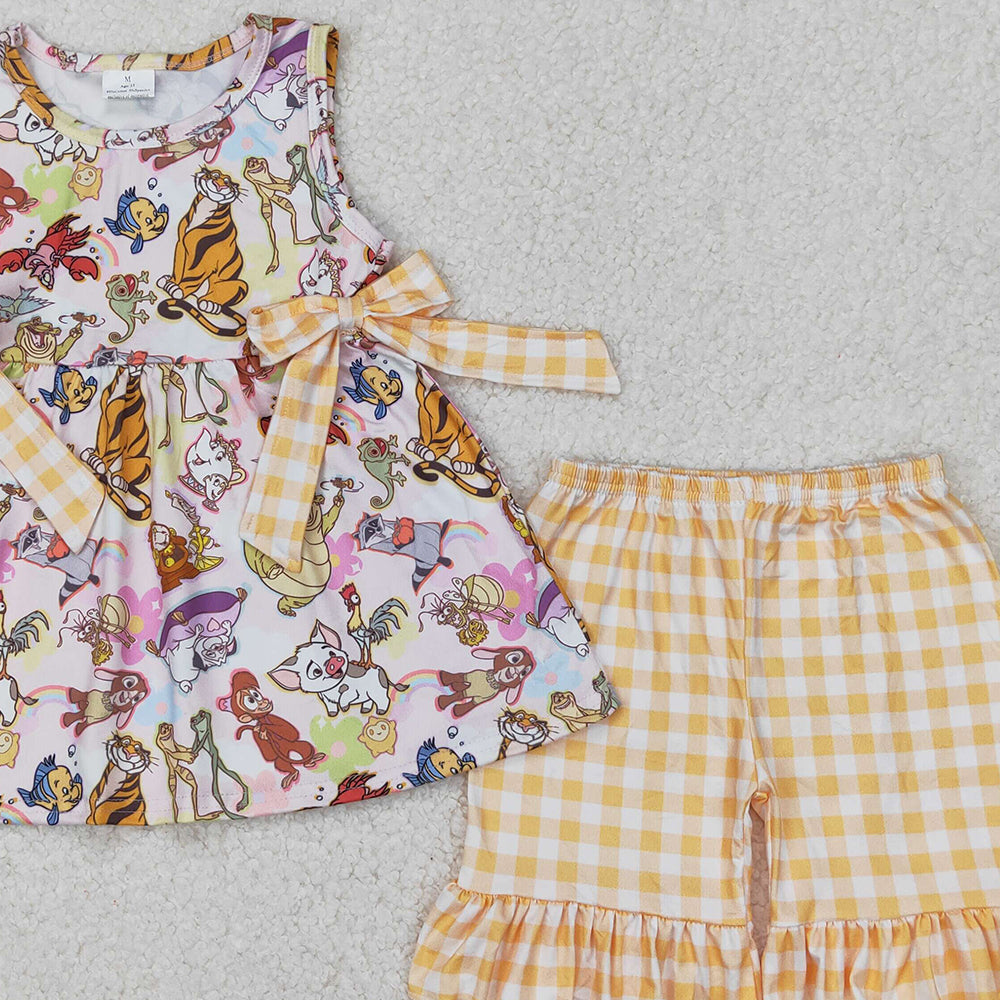 4.25 GSSO2197  RTS NO MOQ Sleeveless fish tiger tunic yellow plaid shorts girls clothing