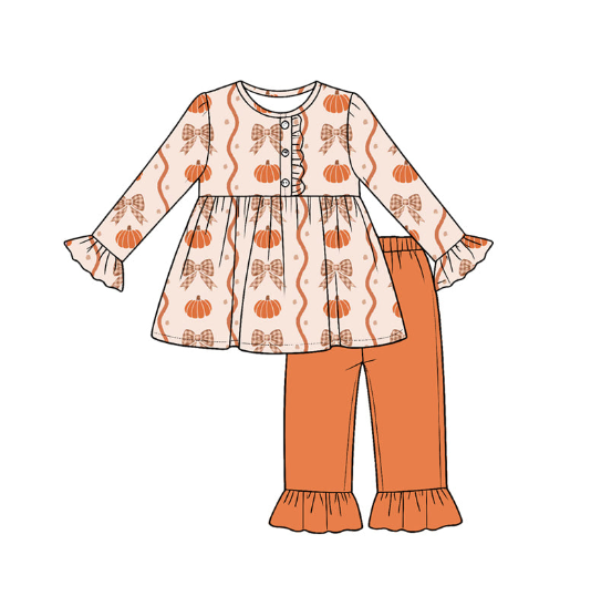 Pre order No Moq milk silk Baby Girls Pumpkins Bows Stripe Fall Button Top Ruffle Pants Set Dresses Romper