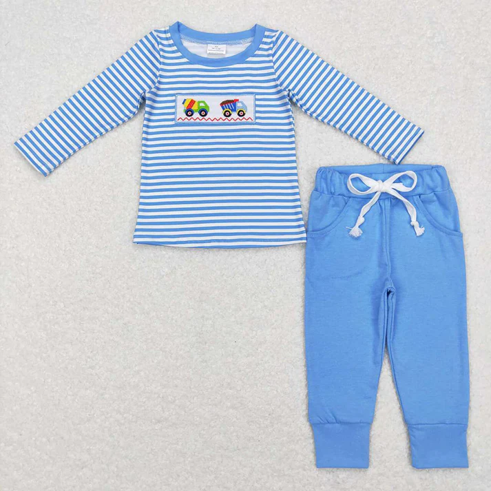 Baby Boys Blue Striped Trousers Romper Set with Embroidered Truck Pattern