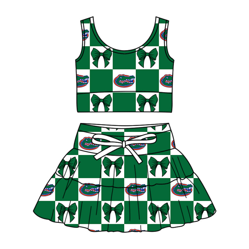 CUSTOM MOQ 5 Kids Clothing for Girls Baby Girls Green Bow Top Skirts Yoga Active Team Clothes Sets