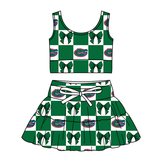 CUSTOM MOQ 5 Kids Clothing for Girls Baby Girls Green Bow Top Skirts Yoga Active Team Clothes Sets
