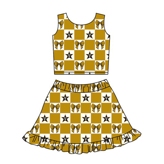 CUSTOM MOQ 5 Kids Clothing for Girls Baby Girls Khaki Bow Plaid Top Skirts Yoga Active Team Clothes Sets