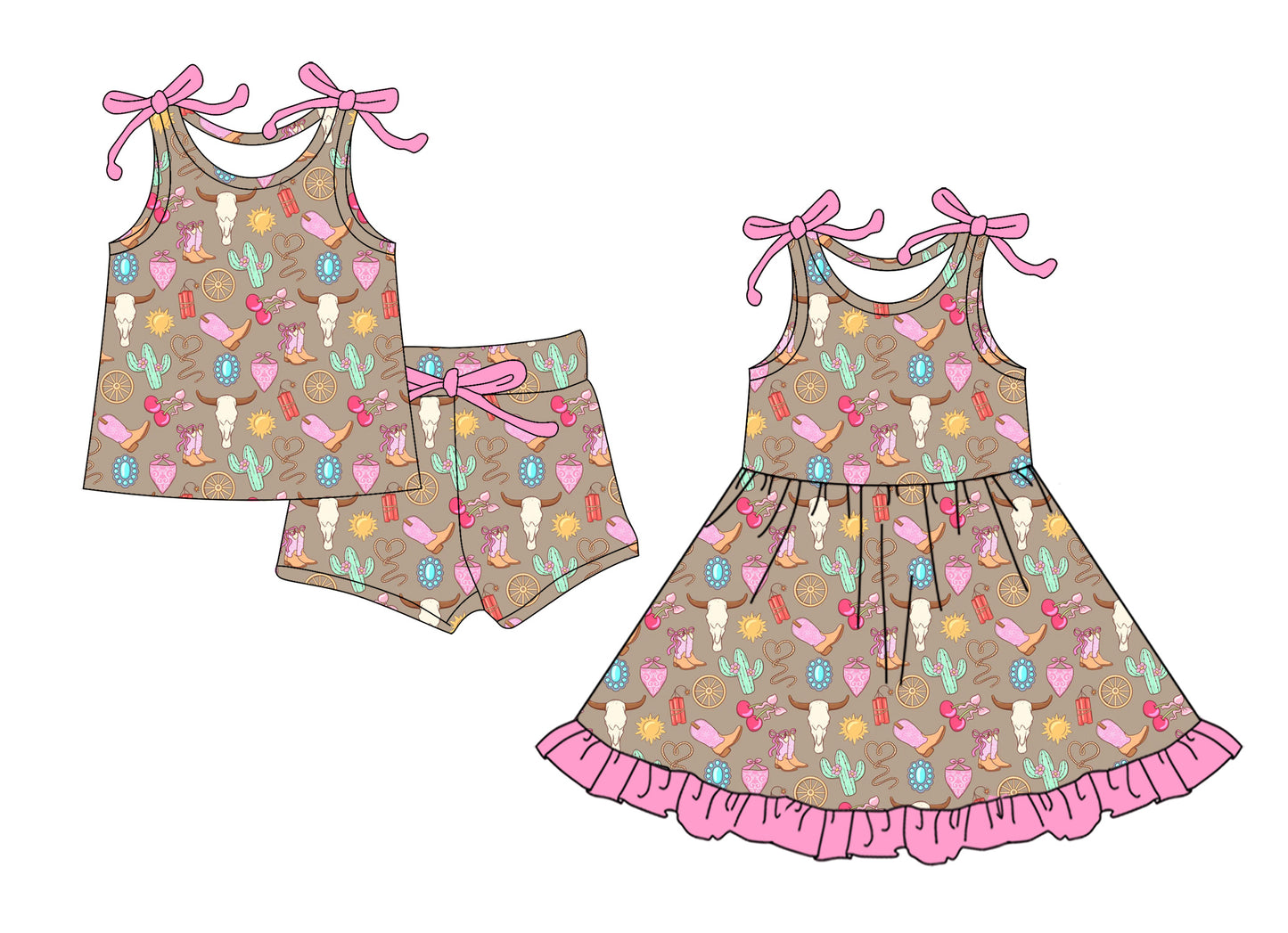 CUSTOM MOQ 5 Sibling Baby Girls Sleeveless Brown Boots Cow Shorts Knee Length Dress Clothes Sets