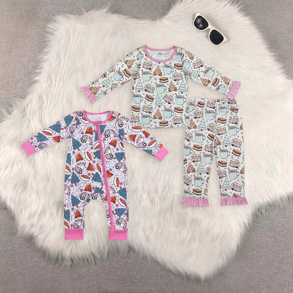 10.4 RTS Sibling Baby Girls Fall Cookies Cars Bamboo Pajamas Outfits Sets Zipper Romper