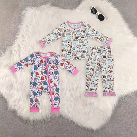 10.4 RTS Sibling Baby Girls Fall Cookies Cars Bamboo Pajamas Outfits Sets Zipper Romper