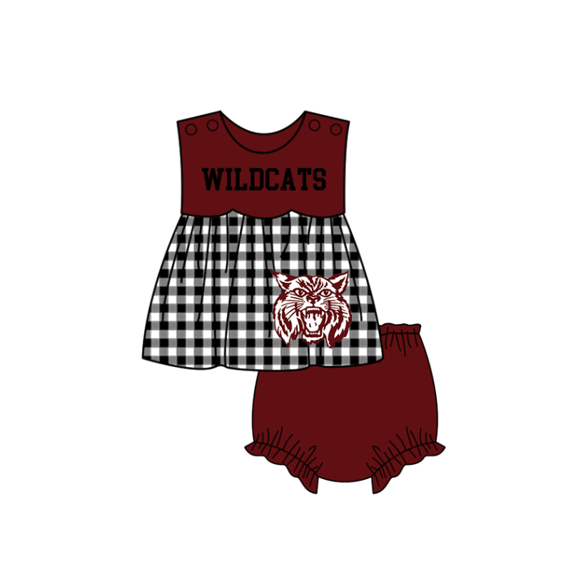 3.6 CUSTOM MOQ 5 Sibling Boys Baby Girls Dark Red Cat Checked Top Shorts Clothes Set Knee Length Dress Rompers