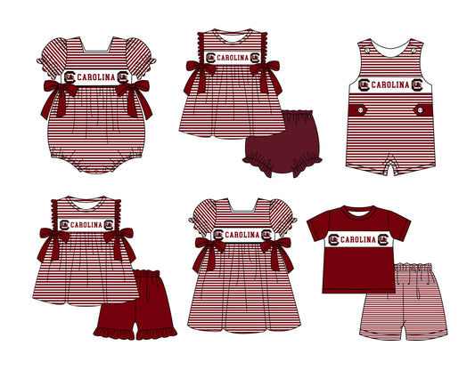 CUSTOM MOQ 5 Sibling Boys Baby Girls Red Stripe Top Ruffles Shorts Clothes Set Knee Length Dress Rompers