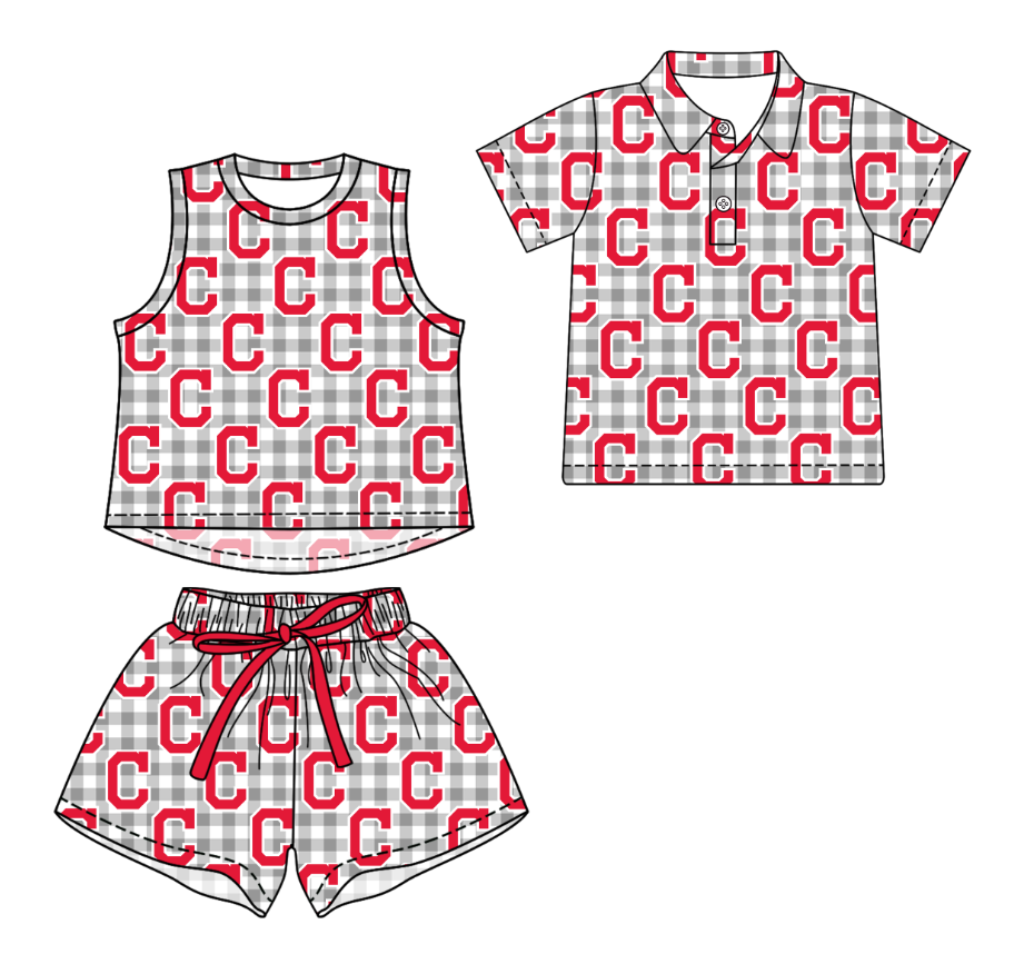 3.14 CUSTOM MOQ 5 Sibling Boys Baby Girls Summer Fashion Gray Check Red C Sleeveless Top Shorts Button Polo Shirts Team Clothes Sets