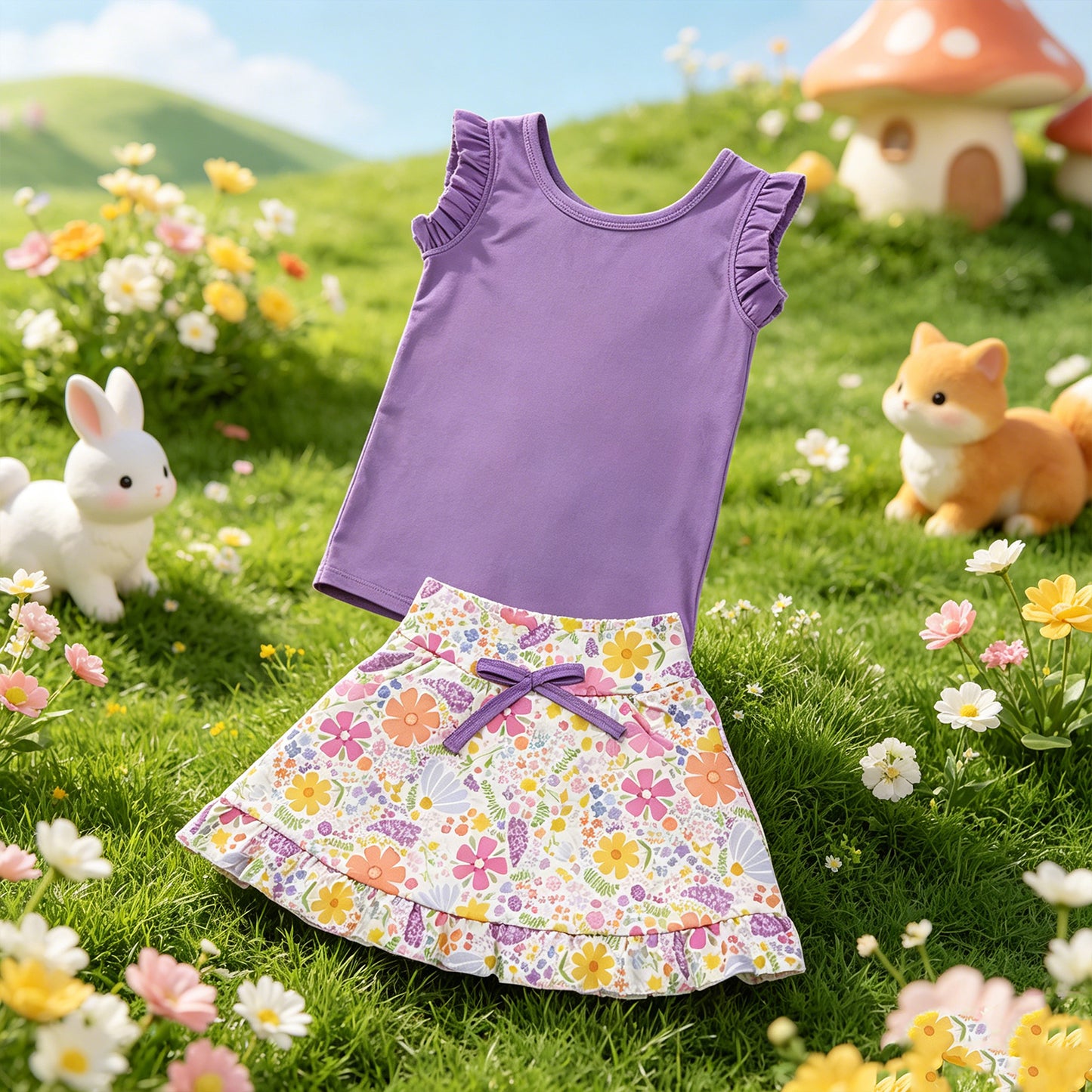 GSD3771 RTS NO MOQ （In stock ）Sleeveless lavender top floral skirt girls active wear set