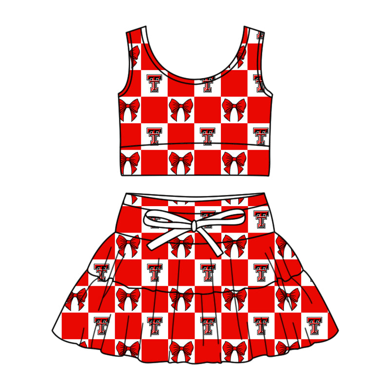CUSTOM MOQ 5 Sibing Kids Clothing for Girls Baby Girls Red T Bow Top Skirts Yoga Active Team Clothes Sets Knee Length Dress Shorts