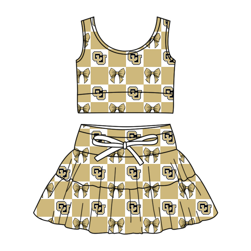 CUSTOM MOQ 5 Sibing Kids Clothing for Girls Baby Girls Beige Bow Top Skirts Yoga Active Team Clothes Sets Knee Length Dress Shorts