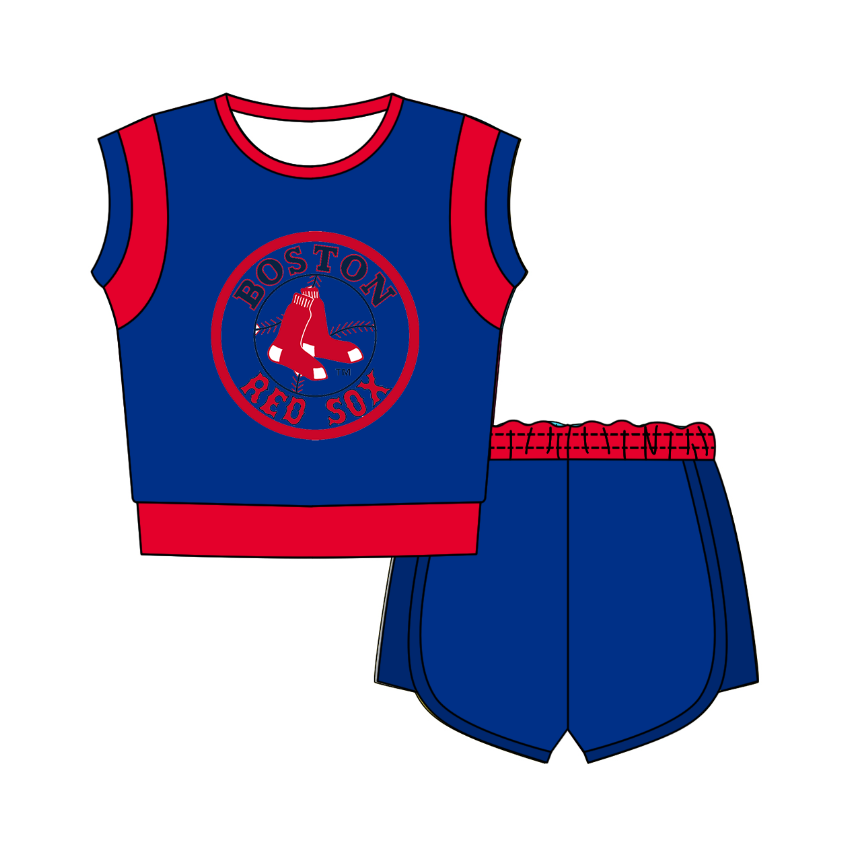 CUSTOM MOQ 5 Cute Comfortable Clothing For Kids Baby Kids Summer Blue Sleeveless Patchwork Top Shorts Clothes Sets