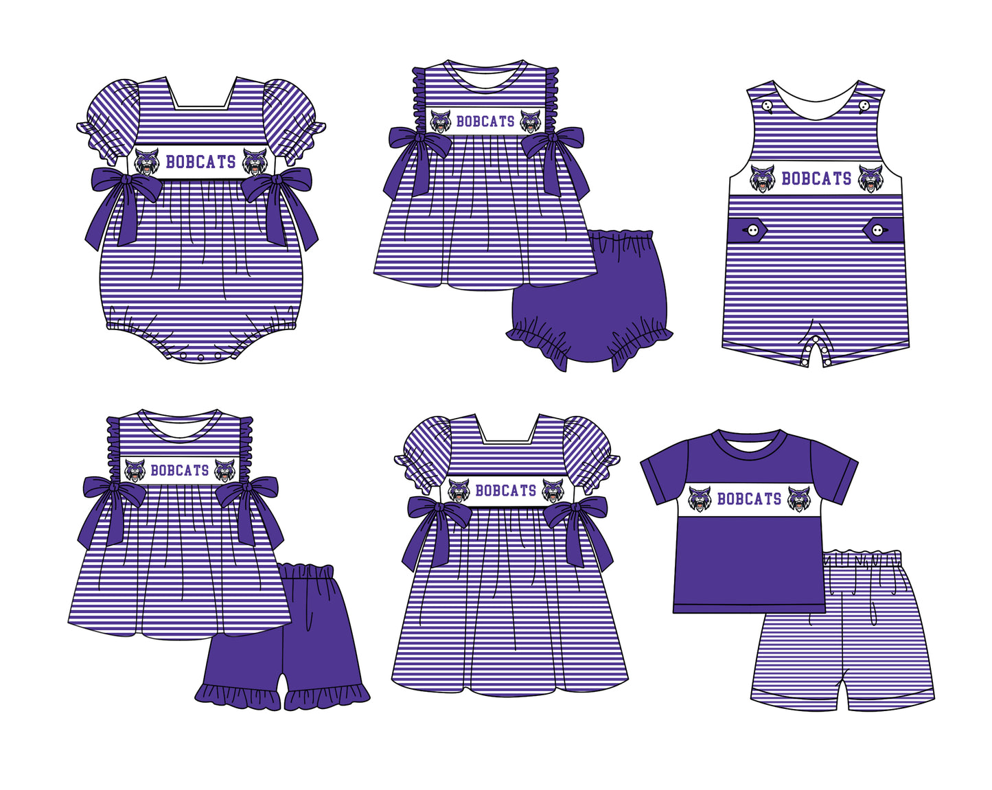 CUSTOM MOQ 5 Sibling Boys Baby Girls Purple Color Stripe Top Ruffles Shorts Clothes Set Knee Length Dress Rompers