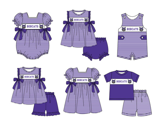 CUSTOM MOQ 5 Sibling Boys Baby Girls Purple Color Stripe Top Ruffles Shorts Clothes Set Knee Length Dress Rompers