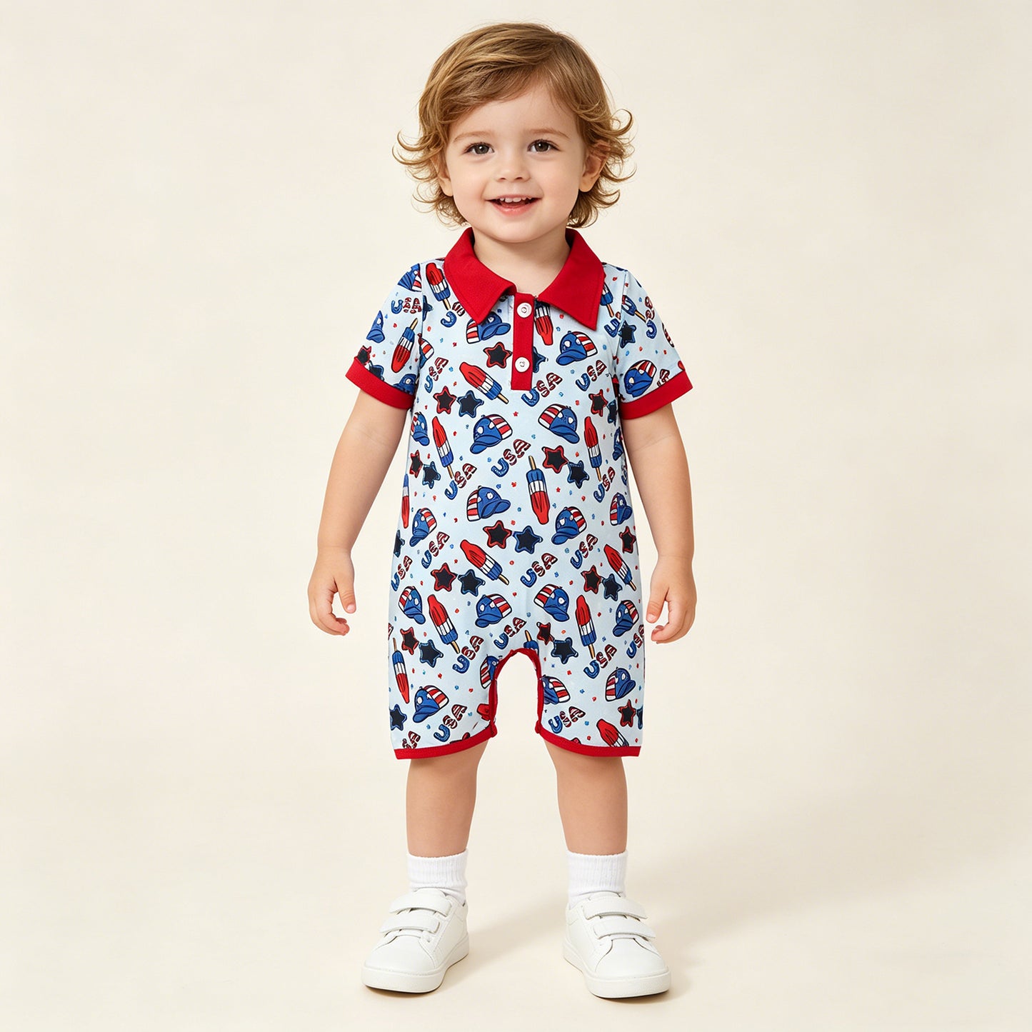 SR3874 RTS NO MOQ （In stock）Short sleeves popsicle baby boy 4th of july romper