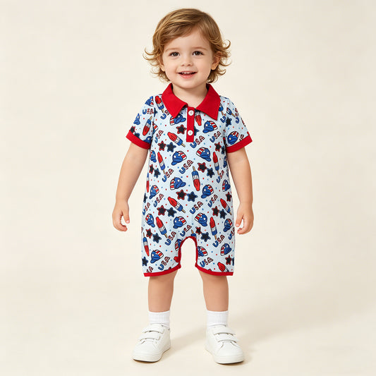 SR3874 RTS NO MOQ （In stock）Short sleeves popsicle baby boy 4th of july romper
