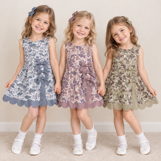 RTS NO MOQ Sibling yoga fabric Baby Girls Camo Sleeveless Dress Back Bow Scallop Hem Casual Summer Dress