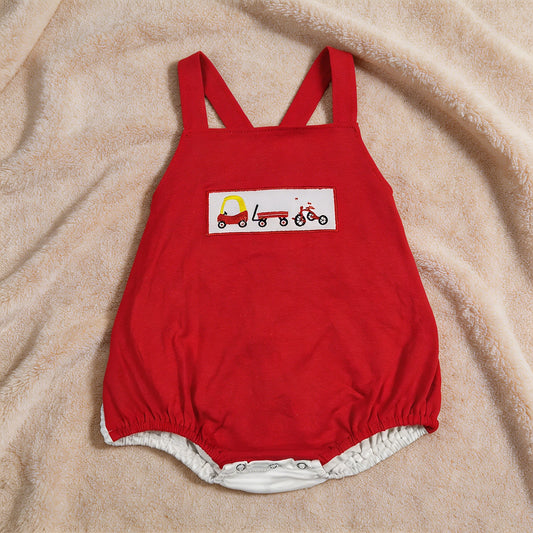 SR2849 RTS NO MOQ （In stock）Embroidery Cars Bicycle Baby Boys Strap Rompers