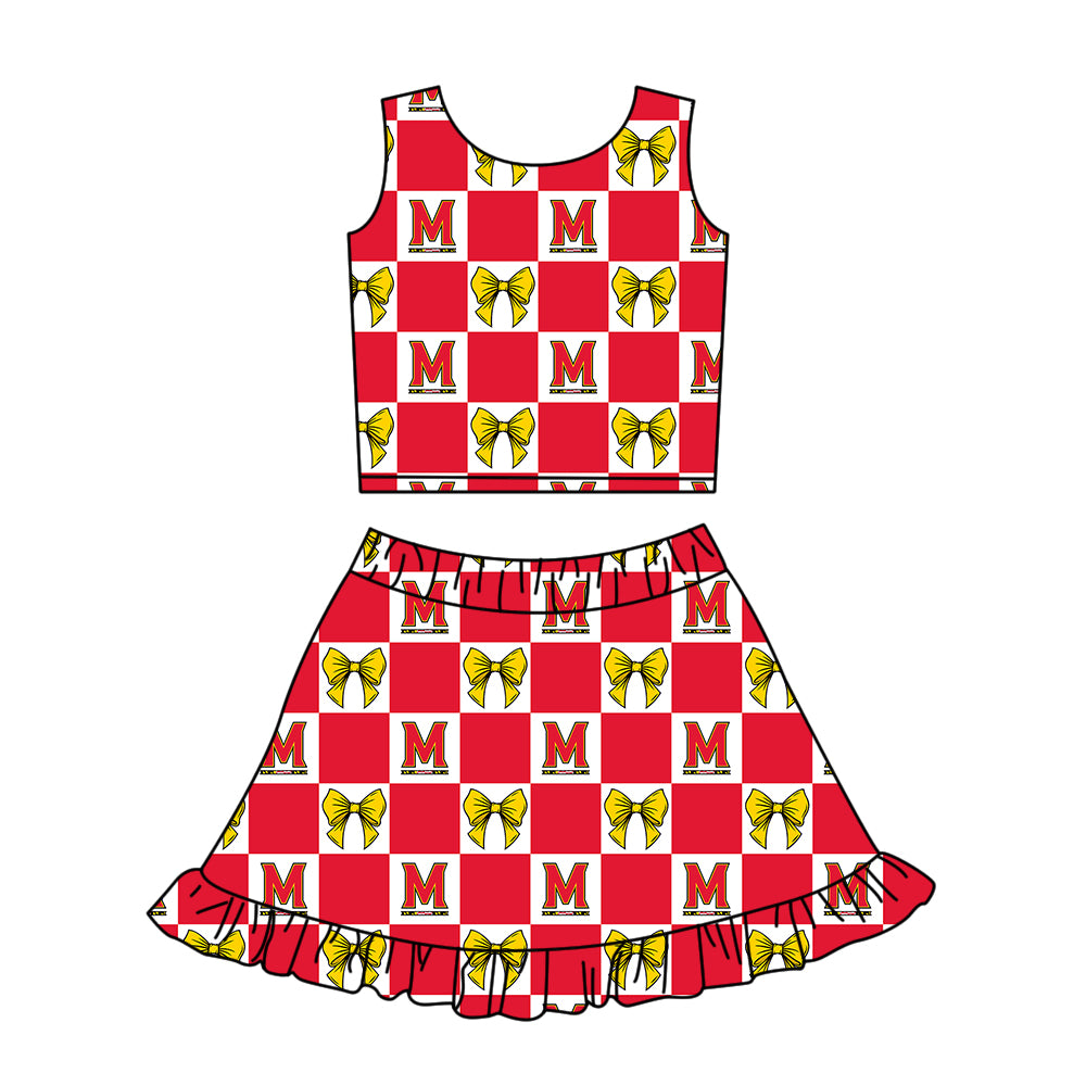 CUSTOM MOQ 5 Sibing Kids Clothing for Girls Baby Girls Red Bow Top Skirts Yoga Active Team Clothes Sets Knee Length Dress Shorts