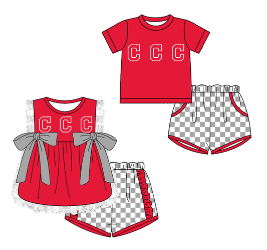 CUSTOM MOQ 5 Cute Comfortable Clothing For Kids Sibling Boys Baby Girls Summer Red Bow Top Gray Checked Shorts Team Clothes Sets