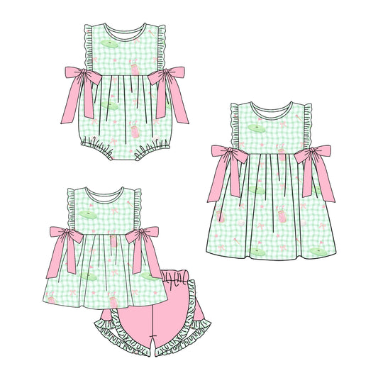 CUSTOM MOQ 5 Sibling Baby Girls Green Golf Sleeveless Tunic Ruffle Shorts Clothes Set Knee Length Dress Rompers