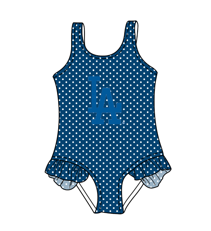CUSTOM MOQ 5 Cute Comfortable Clothing For Kids Baby Girls Blue LA Polka Dots Ruffle Team One Piece Swimsuits