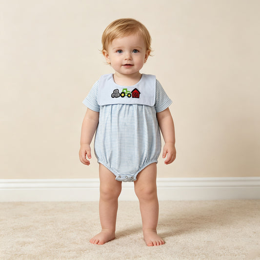 RTS NO MOQ （In stock）milk silk SR4075 Embroidery Baby Boys Farm Stripe Truck House Short Sleeve Rompers
