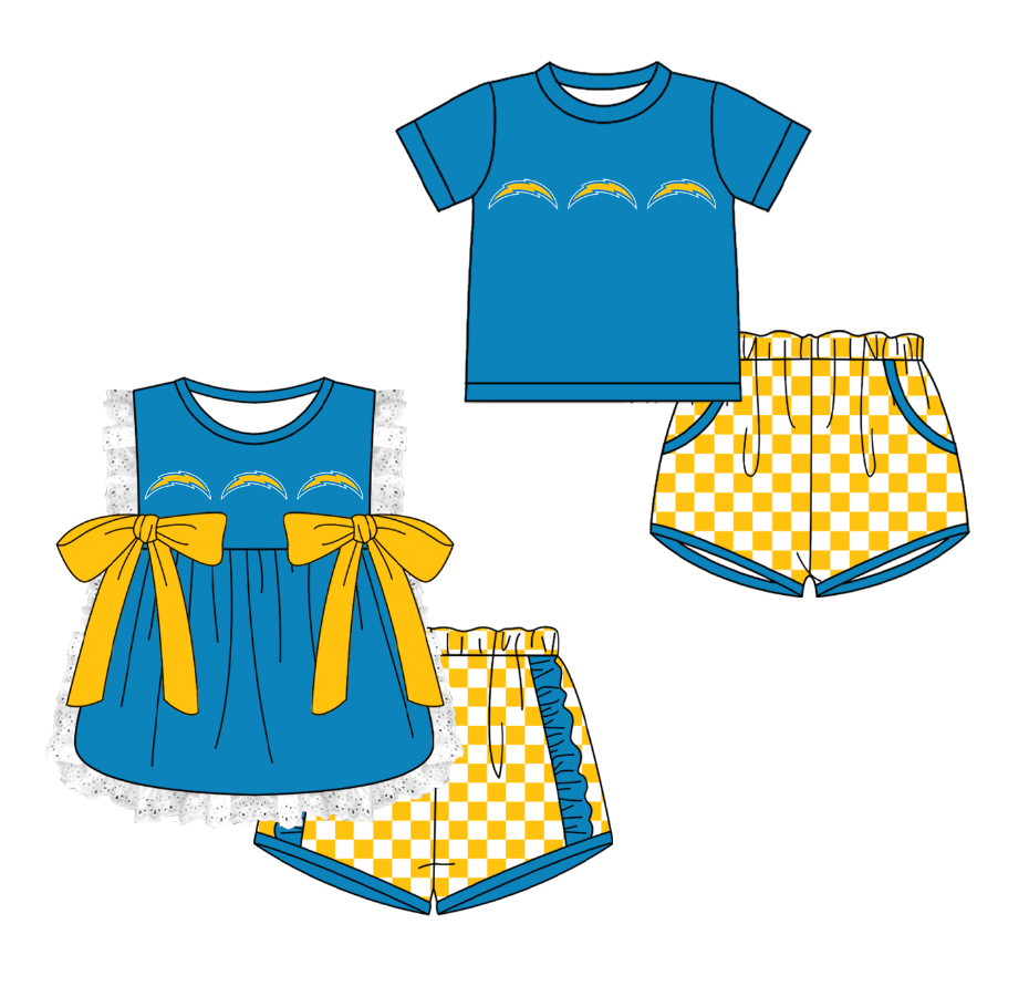 CUSTOM MOQ 5 Cute Kids Clothing Sibling Boys Baby Girls Summer Blue Top Yellow Checked Shorts Team Clothes Sets