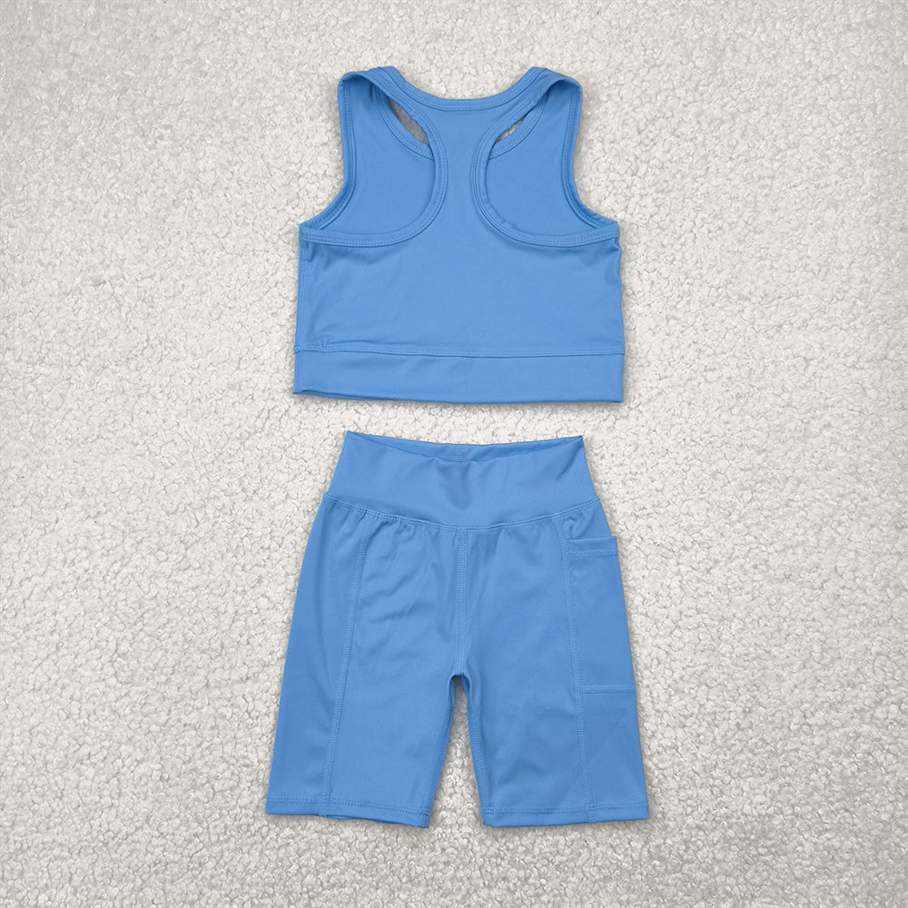 7.14 GSSO1515 RTS NO MOQ Baby Girls Yoga Outfits Baby Girls Blue Athletic Active Wear Top Shorts Clothes Sets