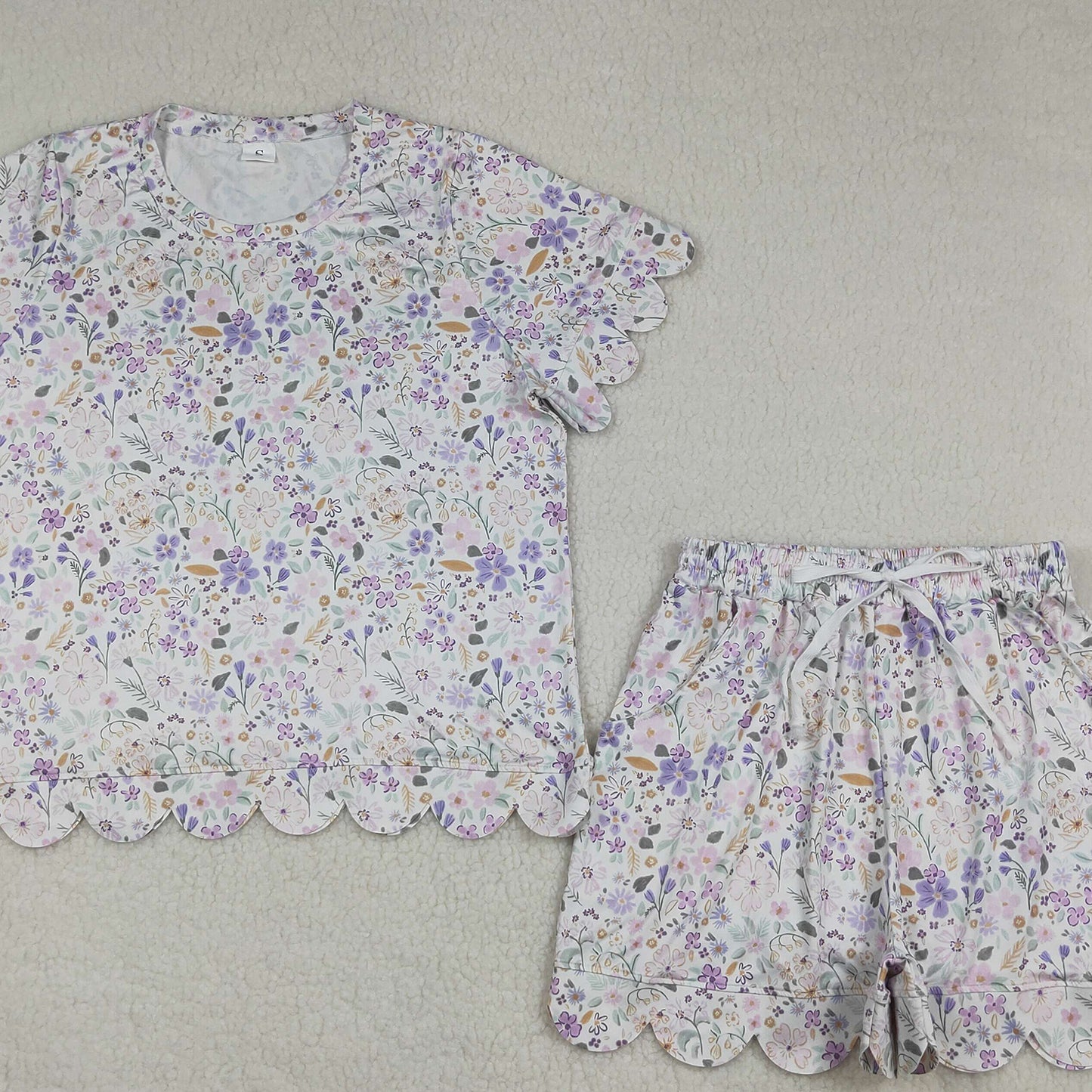 GSSO3420 RTS NO MOQ （In stock）Lavender white floral bow top shorts adult women outfits