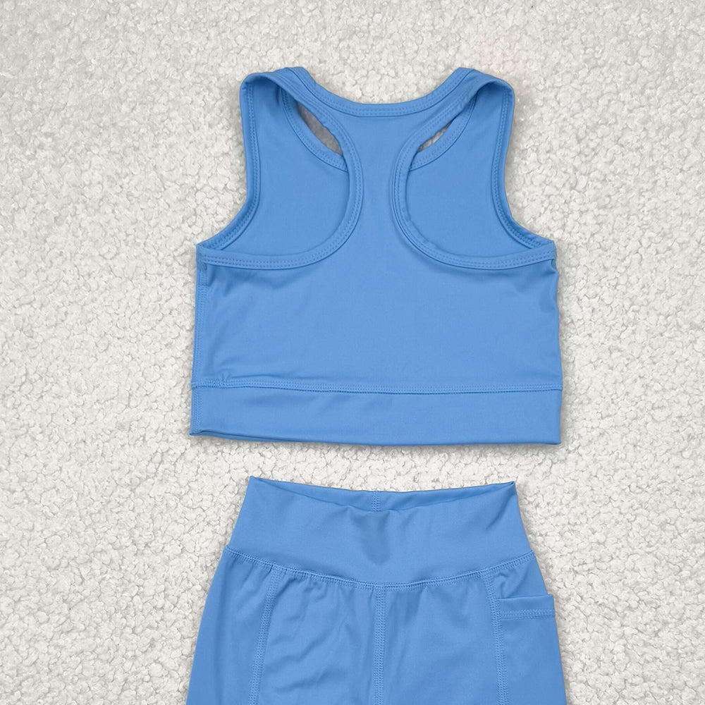 7.14 GSSO1515 RTS NO MOQ Baby Girls Yoga Outfits Baby Girls Blue Athletic Active Wear Top Shorts Clothes Sets