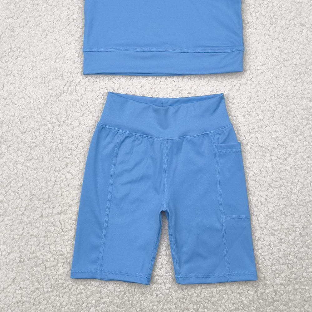 7.14 GSSO1515 RTS NO MOQ Baby Girls Yoga Outfits Baby Girls Blue Athletic Active Wear Top Shorts Clothes Sets