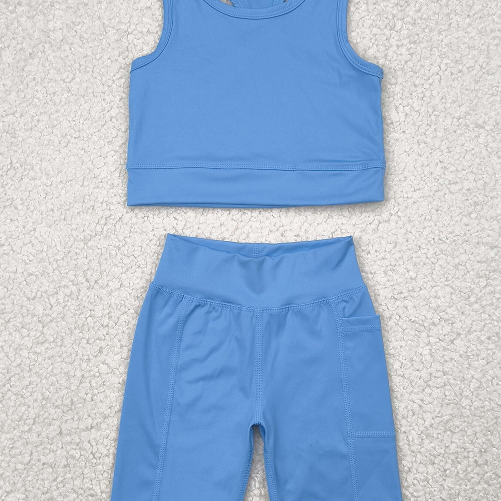 7.14 GSSO1515 RTS NO MOQ Baby Girls Yoga Outfits Baby Girls Blue Athletic Active Wear Top Shorts Clothes Sets