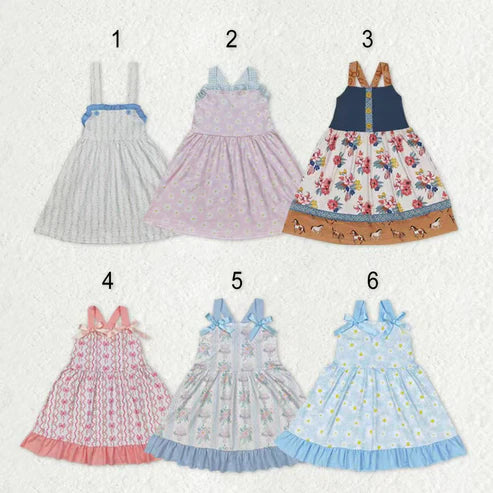 10.31 RST Sibling Baby Girls Bows Strap Button Pockets Floral Plaid Ruffle Knee Length Dresses