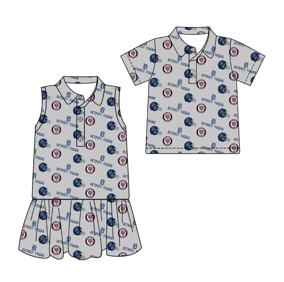 3.13 CUSTOM MOQ 5 Sibling Boys Baby Girls Summer Fashion Short Sleeve Gray Button Polo Shirts Sleeveless Dress Team Clothes Sets