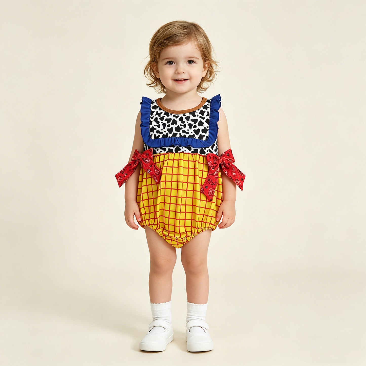 SR4115 RTS NO MOQ （In stock）Sleeveless cow plaid baby girls summer romper
