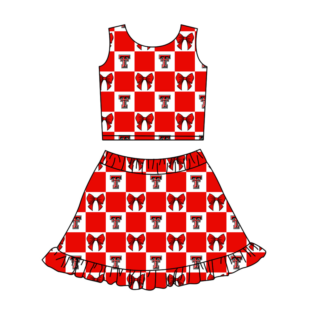 CUSTOM MOQ 5 Sibing Kids Clothing for Girls Baby Girls Red T Bow Top Skirts Yoga Active Team Clothes Sets Knee Length Dress Shorts
